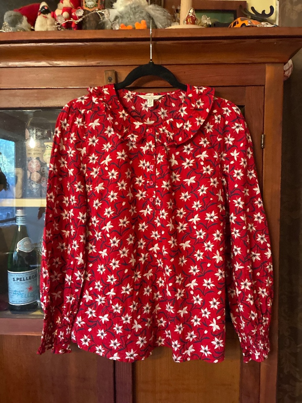 Seasalt Cornwall Last Leaf Red Floral Organic Cotton Ruffle Blouse US 6 / EU 38